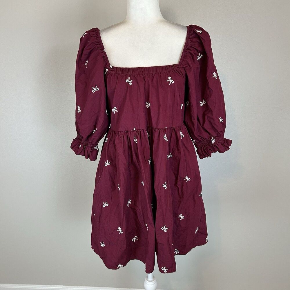 Size S Mini Dress Coquette Bow Embroidered Burgundy Puff Sleeve Chic Square Nec